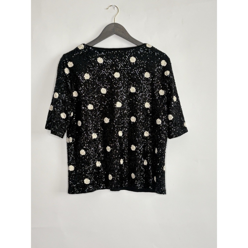 J CREW Women Xl Sequin Scoop Neck Short Sleeve Polka Dot T Shirt Top Black White - Picture 3 of 8